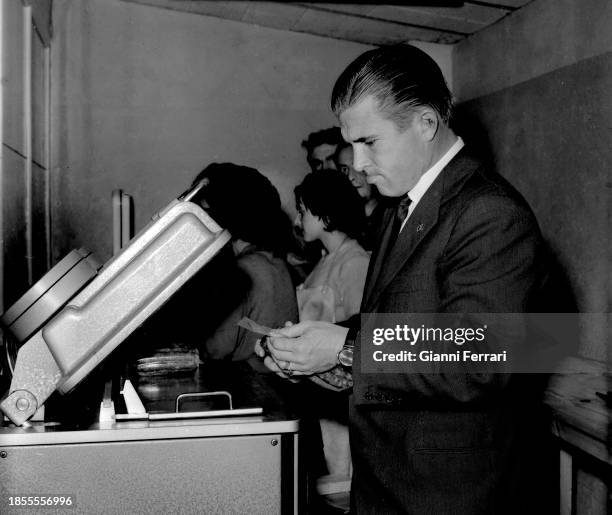 Spanish-Hungarian player soccer Ferenc Puskas in his sausage factory, Madrid Spain,1963.