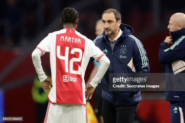 Assistant trainer Michael Valkanis of Ajax Arjany Martha of Ajax during the Dutch Eredivisie match between Ajax v PEC Zwolle at the Johan Cruijff...