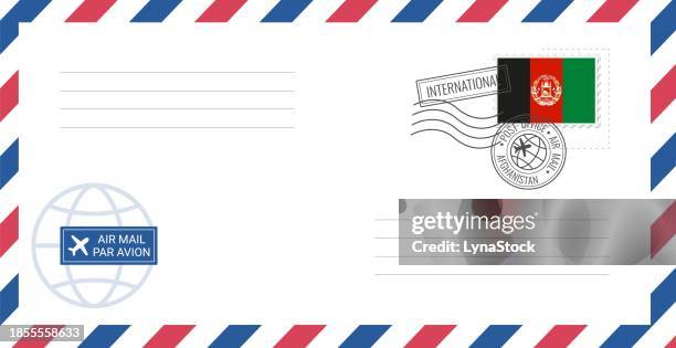 blank air mail envelope with afghanistan postage stamp. postcard vector illustration with afghan national flag isolated on white background. - afghanistan stock illustrations