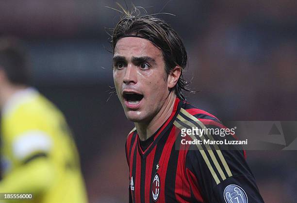 Alessandro Matri of AC Milan looks on during the Serie A match between AC Milan and Udinese Calcio at Giuseppe Meazza Stadium on October 19, 2013 in...