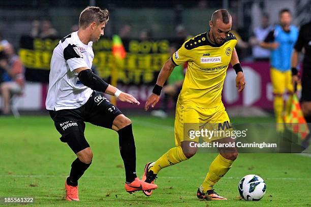 Remo Staubli of FC Aarau and Scott Sutter of BSC Young Boys in action during the Swiss Super League match between FC Aarau v BSC Young Boys at...