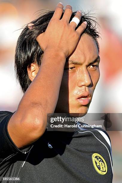 Yuya Kubo of BSC Young Boys looks on prior to the Swiss Super League match between FC Aarau v BSC Young Boys at Brugglifeld on August 10, 2013 in...