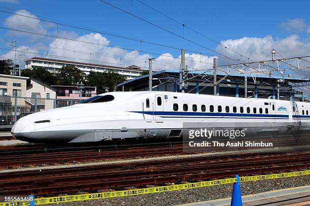 The N700 series Shinkansen is operated in a test run after an upgrade work at the Central Japan Railway Co Hamamatsu Plant on October 21, 2013 in...
