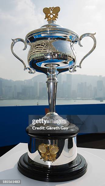 The women's AO trophy, is displayed for the press during the Australian Open Trophy tour on October 22, 2013 in Hong Kong, Hong Kong.