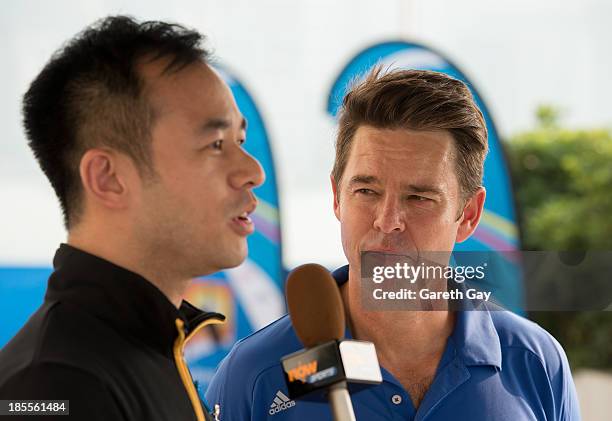 Todd Woodbridge talkes to the press, during the Australian Open Trophy tour on October 22, 2013 in Hong Kong, Hong Kong.