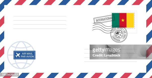 blank air mail envelope with cameroon postage stamp. postcard vector illustration with cameroon national flag isolated on white background. - cameroon stock illustrations