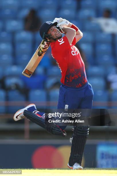 Liam Livingstone of England bats during the 2nd T20 International match between West Indies and England at the National Cricket Stadium on December...