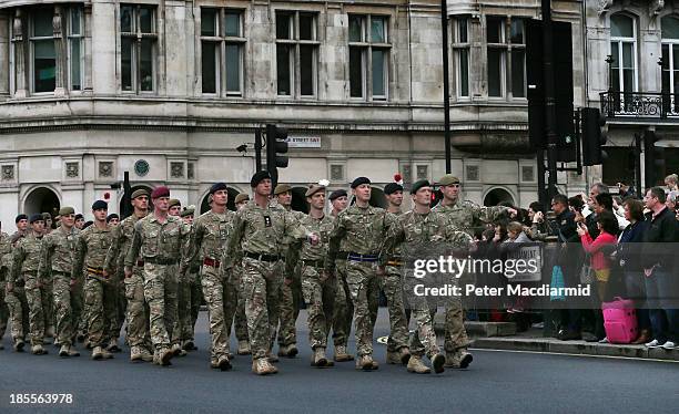 Soldiers of 1 Mechanized Brigade parade to Parliament on October 22, 2013 in London, England. 120 personnel who recently returned from Afghanistan's...