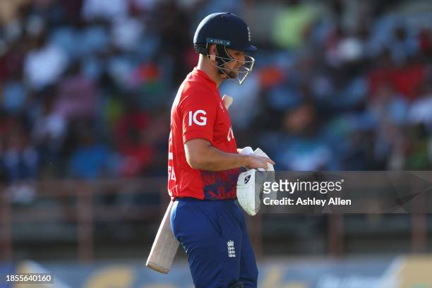 Liam Livingstone of England leaves the field of play dismissed by Gudakesh Motie of West Indies during the 2nd T20 International match between West...
