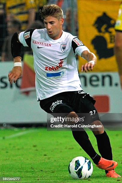 Remo Staubli of FC Aarau in action during the Swiss Super League match between FC Aarau v BSC Young Boys at Brugglifeld on August 10, 2013 in Aarau,...