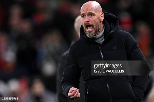 Manchester United's Dutch manager Erik ten Hag shouts instructions to the players from the touchline during the English Premier League football match...