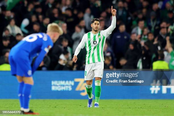 Ayoze Perez of Real Betis celebrates after scoring their team's second goal during the UEFA Europa League 2023/24 match between Real Betis and...