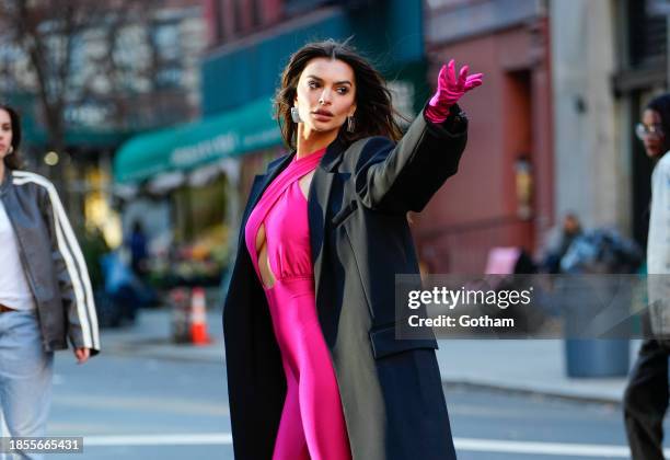 Emily Ratajkowski is seen filming a commercial for Maybelline on December 14, 2023 in New York City.