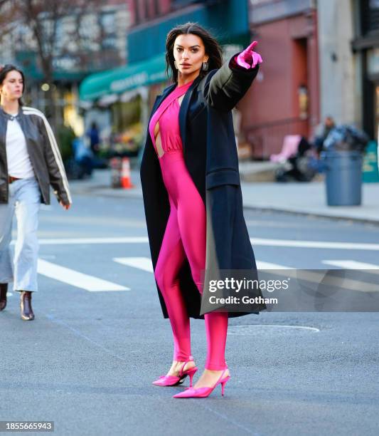Emily Ratajkowski is seen filming a commercial for Maybelline on December 14, 2023 in New York City.