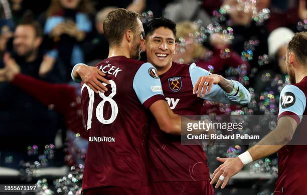 Edson Alvarez celebrates with Tomas Soucek of West Ham United after scoring their team's second goal during the UEFA Europa League 2023/24 match...