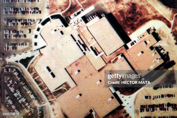 This picture released 21 April 1999 by the Littleton, CO police shows an aerial picture of Columbine High School in Littleton, CO, the site of a...