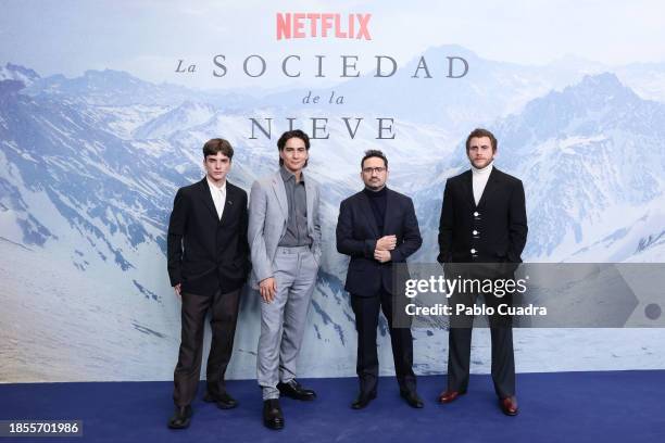 Matias Recalt, Enzo Vogrincic, Juan Antonio Bayona and Agustin Pardella attend "La Sociedad de la Nieve" premiere at Circulo de las Bellas Artes on...