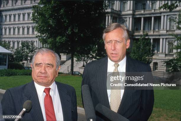 View of US Representatives Dante Fascell and Steny Hoyer during a press conference , Washington DC, September 5, 1990.