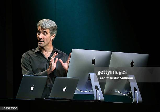 Apple Senior Vice President of Software Engineering Craig Federighi speaks during an Apple announcement at the Yerba Buena Center for the Arts on...
