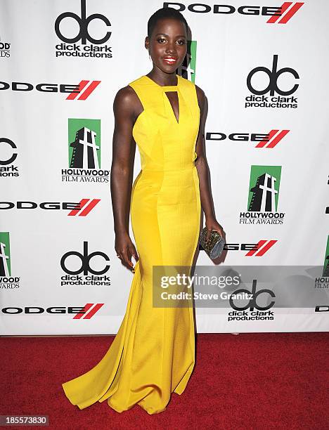 Lupita Nyong'o poses at the 17th Annual Hollywood Film Awards at The Beverly Hilton Hotel on October 21, 2013 in Beverly Hills, California.