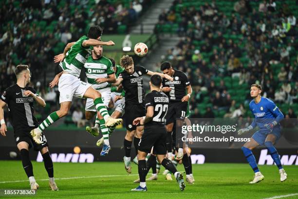 Goncalo Inacio of Sporting CP scores their team's second goal during the UEFA Europa League 2023/24 match between Sporting CP and SK Sturm Graz at...