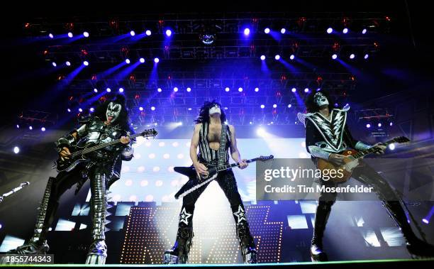 Gene Simmons, Paul Stanley and Tommy Thayer of Kiss perform at Arco Arena on November 19, 2009 in Sacramento, California.