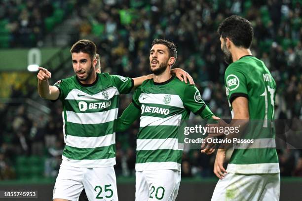 Goncalo Inacio of Sporting CP celebrates with teammates after scoring their team's second goal during the UEFA Europa League 2023/24 match between...