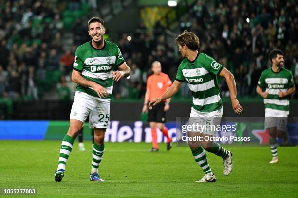 Goncalo Inacio of Sporting CP celebrates scoring their team's third goal during the UEFA Europa League 2023/24 match between Sporting CP and SK Sturm...