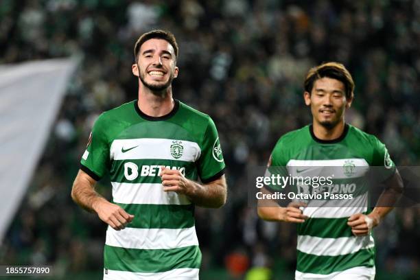 Goncalo Inacio of Sporting CP celebrates scoring their team's third goal during the UEFA Europa League 2023/24 match between Sporting CP and SK Sturm...