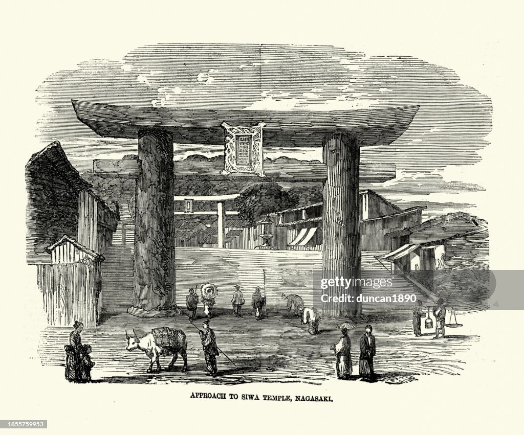 Torii gate and approach to Suwa Shrine, Temple, Shinto shrine of Nagasaki, Japan, 1850s, Japanese History