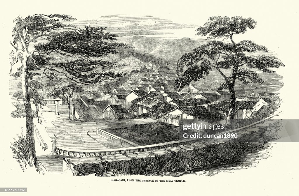View of Nagasaki from the Suwa Shrine, Temple, Shinto shrine, Japan, 1850s, Japanese History