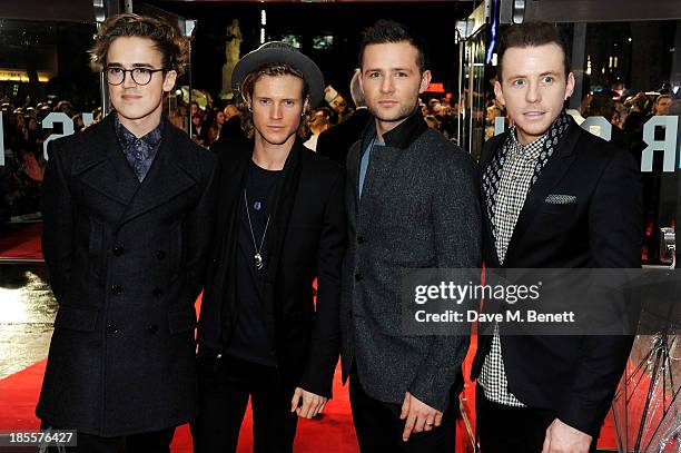 Tom Fletcher, Dougie Poynter, Harry Judd and Danny Jones of McFly attend the World Premiere of "Thor: The Dark World" at Odeon Leicester Square on...