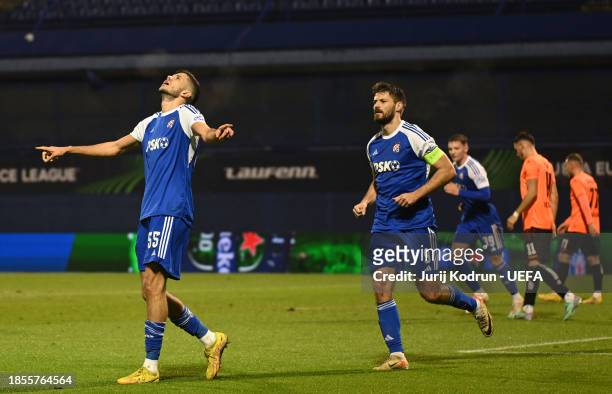 Dino Peric of GNK Dinamo celebrates after scoring their team's first goal during the UEFA Europa Conference League match between GNK Dinamo and...