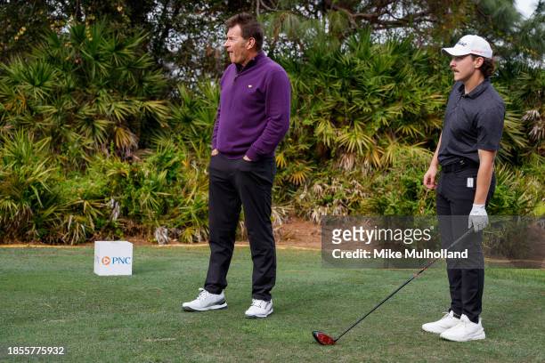 Sir Nick Faldo of England looks on while at the sixth hole tee box the prior to the PNC Championship at The Ritz-Carlton Golf Club on December 14,...