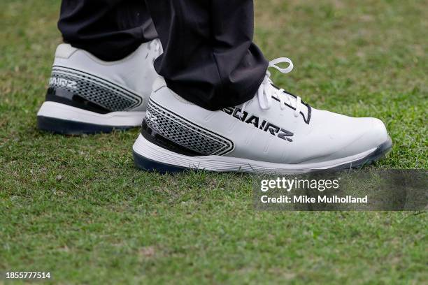 Squarz shoes worn by Sir Nick Faldo of England as he walks to the sixth hole tee box prior to the PNC Championship at The Ritz-Carlton Golf Club on...