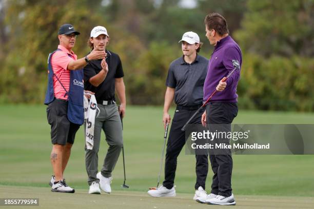 Sir Nick Faldo of England reacts to a putt on the fifth hole prior to the PNC Championship at The Ritz-Carlton Golf Club on December 14, 2023 in...