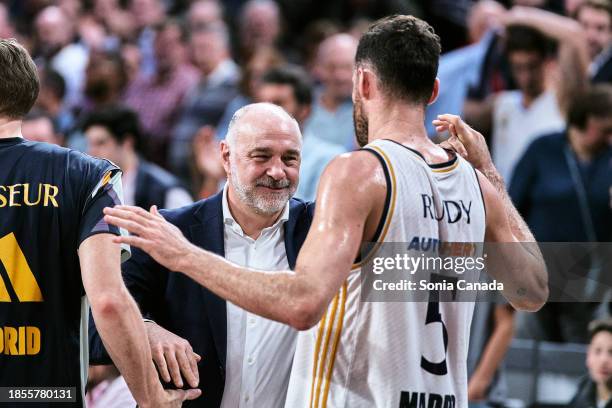 Pablo Laso, coach of FC Bayern Munich congratulates Rudy Fernandez of Real Madrid at the end of the Turkish Airlines EuroLeague Regular Season Round...