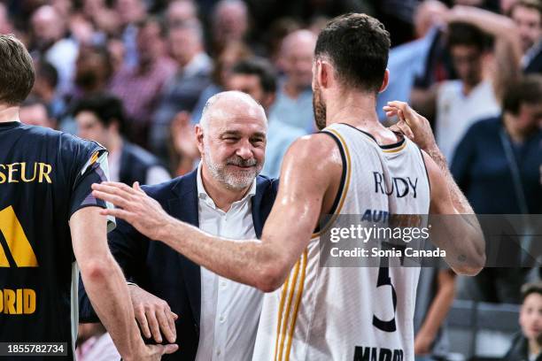 Pablo Laso, coach of FC Bayern Munich congratulates Rudy Fernandez of Real Madrid at the end of the Turkish Airlines EuroLeague Regular Season Round...