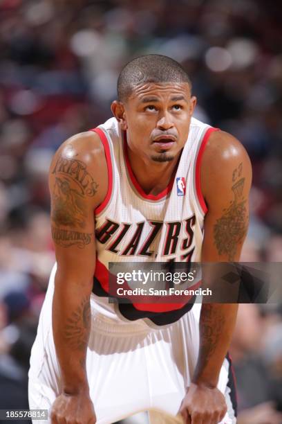 Earl Watson of the Portland Trail Blazers awaits a rebound against the Sacramento Kings on October 20, 2013 at the Moda Center Arena in Portland,...