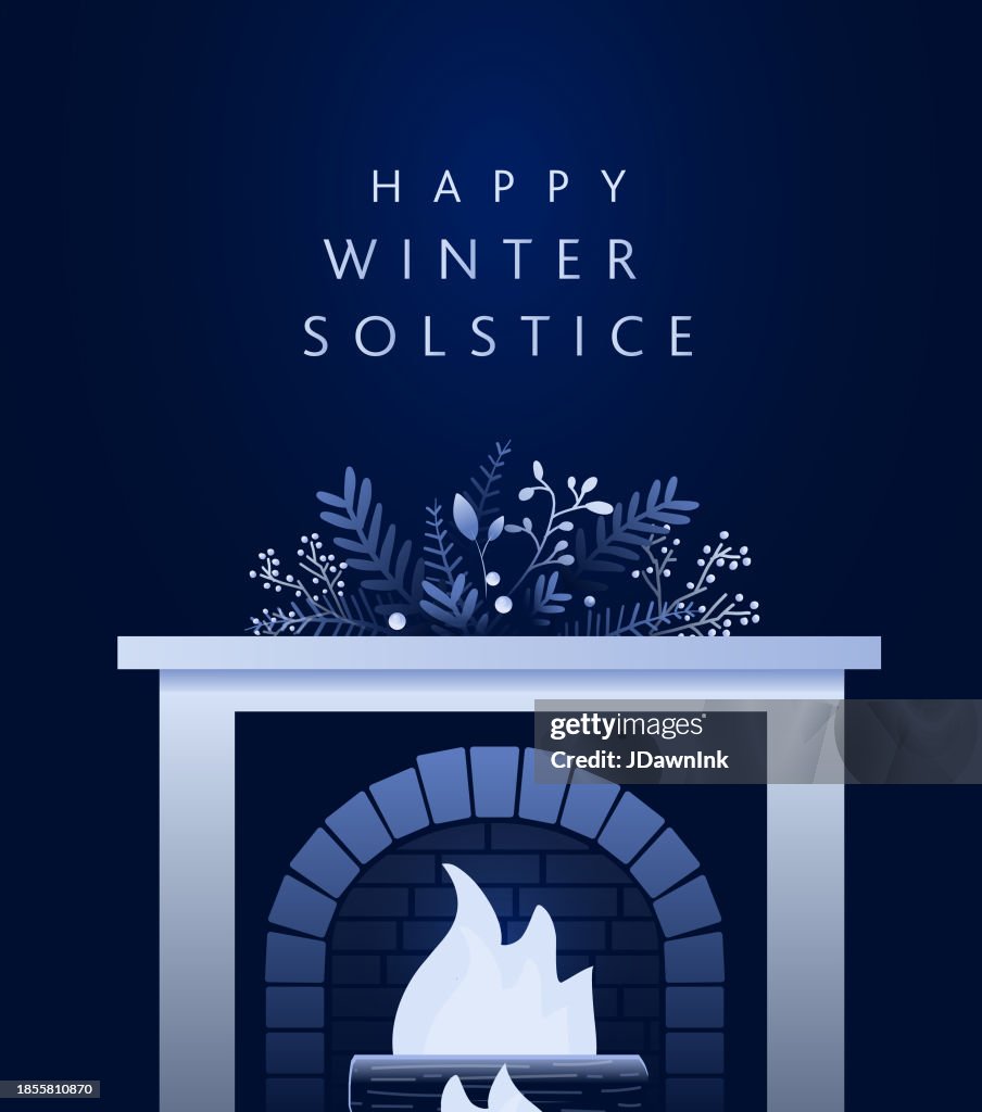 Frohe Wintersonnenwende Grußkarten-Designvorlage in Dunkelblau mit Julholz im Kamin, handgezeichneten Zweigen und Blumen