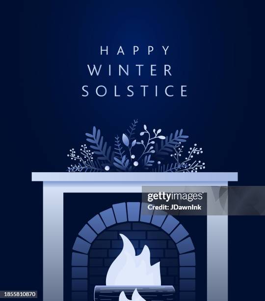 happy winter solstice greeting card design template in dark blue with yule log in fireplace hand drawn branches and florals - yule log fireplace stock illustrations