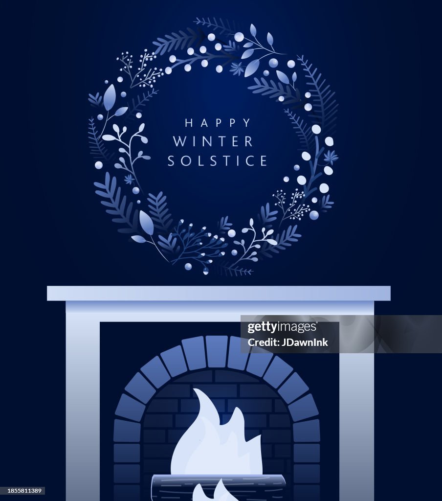 Happy Winter Solstice Greeting card design template in dark blue with wreath, yule log in fireplace hand drawn branches and florals