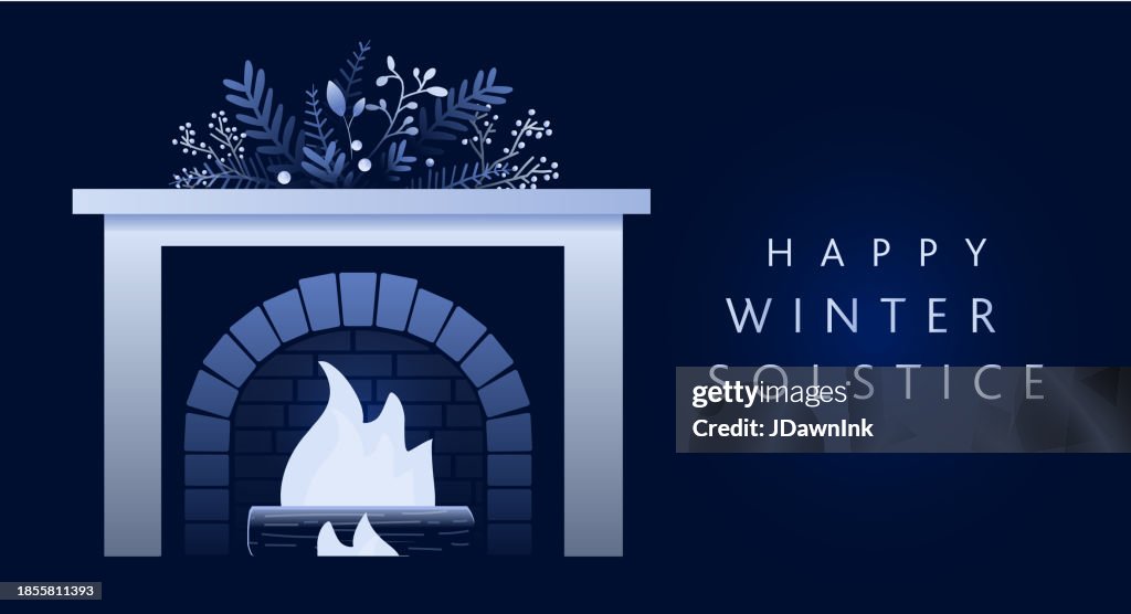 Happy Winter Solstice Greeting card design template in dark blue with yule log in fireplace hand drawn branches and florals
