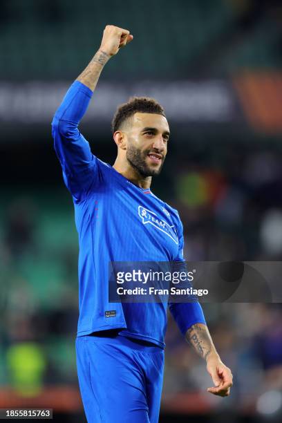 Connor Goldson of Rangers celebrates after the team's victory during the UEFA Europa League 2023/24 match between Real Betis and Rangers FC at...