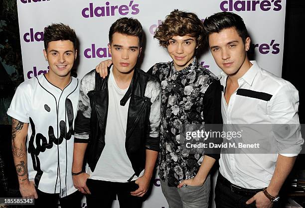 Jaymi Hensley, Josh Cuthbert, George Shelley and JJ Hamblett of Union J attend Claire's Halloween Party featuring a secret performance by Union J at...