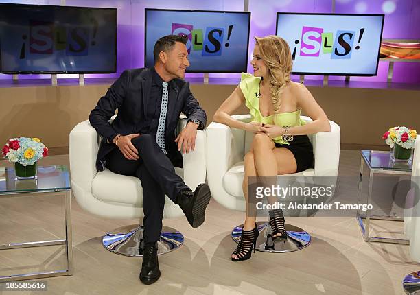 Jorge Bernal and Hannaley are seen on the set of the new Telemundo show "Suelta La Sopa" on October 22, 2013 in Miami, Florida.