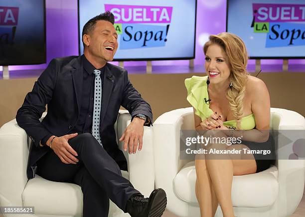 Jorge Bernal and Hannaley are seen on the set of the new Telemundo show "Suelta La Sopa" on October 22, 2013 in Miami, Florida.