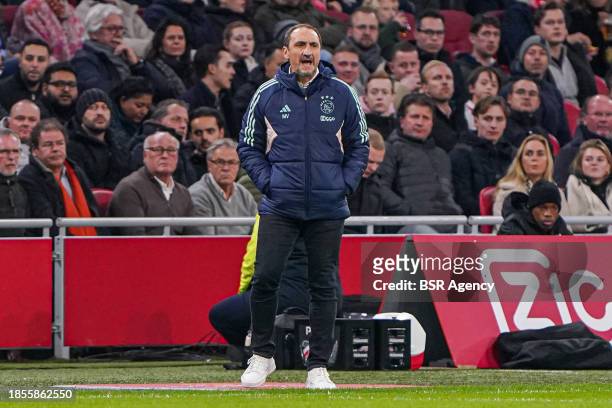 Head coach Michael Valkanis of Ajax looks up during the Dutch Eredivisie match between Ajax and PEC Zwolle at Johan Cruijff ArenA on December 17,...