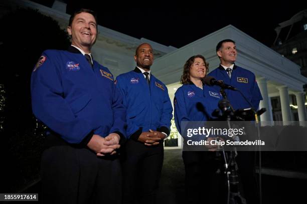 Artemis II Commander Reid Wiseman, Pilot Victor Glover, Mission Specialist Christina Koch and Mission Specialist Jeremy Hansen talk to reporters...