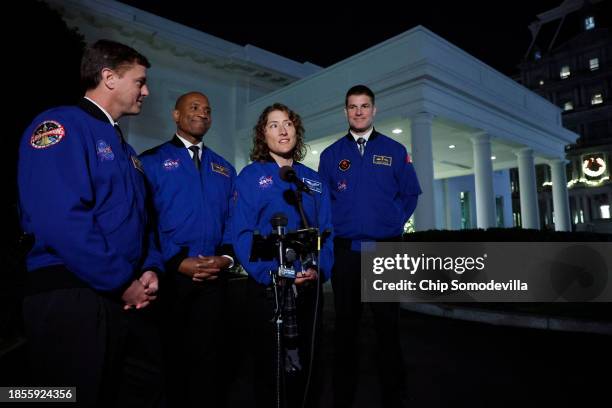 Artemis II Commander Reid Wiseman, Pilot Victor Glover, Mission Specialist Christina Koch and Mission Specialist Jeremy Hansen talk to reporters...